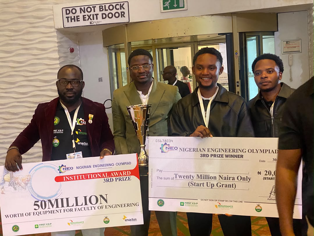 HOD Civil Engineering Dr. Meshach I. Alfa with Team Fortizo (Bestman Ojumugbo Agada, Emmanuel Dajan, and Israel Smart Obidaha)t Eko Hotel Lagos during the presentation .jpg