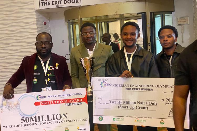 HOD Civil Engineering Dr. Meshach I. Alfa with Team Fortizo (Bestman Ojumugbo Agada, Emmanuel Dajan, and Israel Smart Obidaha)t Eko Hotel Lagos during the presentation .jpg