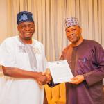 The APC National Chairman, Prof. Nentawe Yilwatda (left) receiving the letter of invitation from the Vice Chancellor, Prof. Tanko Ishaya during the visit.