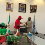 Members of the WANI Exchange delegation from Wales present a commemorative gift to the University of Jos.jpg