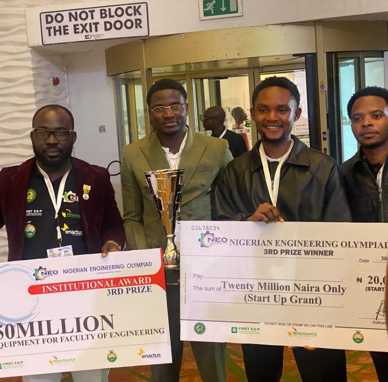 HOD Civil Engineering Dr. Meshach I. Alfa with Team Fortizo (Bestman Ojumugbo Agada, Emmanuel Dajan, and Israel Smart Obidaha)t Eko Hotel Lagos during the presentation .jpg