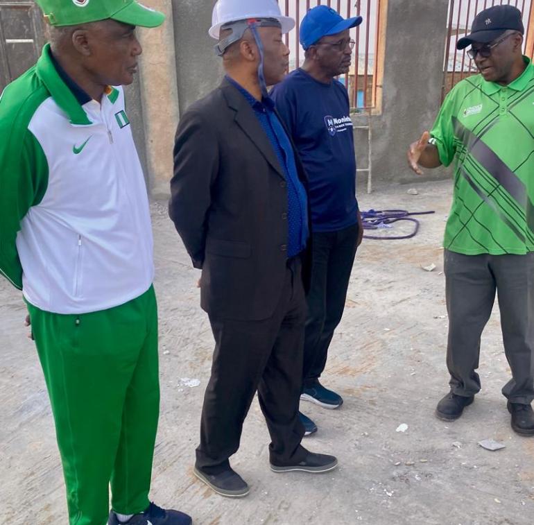 From left is former DG Sports Commission, HRH Alhassan Yakmut; the VC, Prof. Tanko Ishaya and the Chairman (Technical) NUGA, Prof. Garba Yakasai during the inspection.